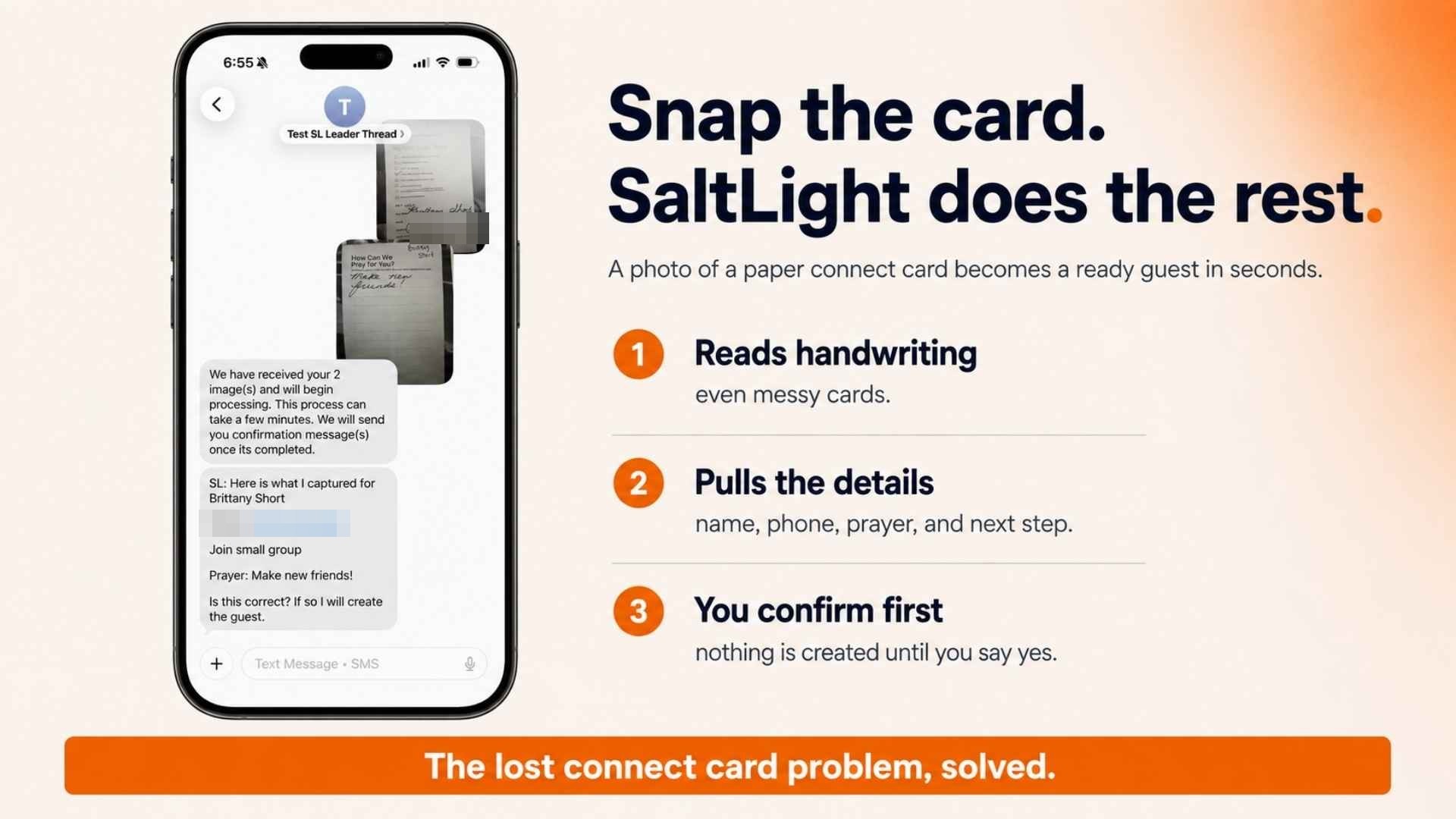 Snap a photo of a connect card and SaltLight does the rest